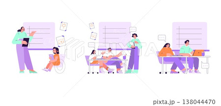 Vector illustration set showing diverse classroom activities. Features teacher with students using technology, engaging in group work, and collaborating on assignments, fostering inclusivity. 138044470