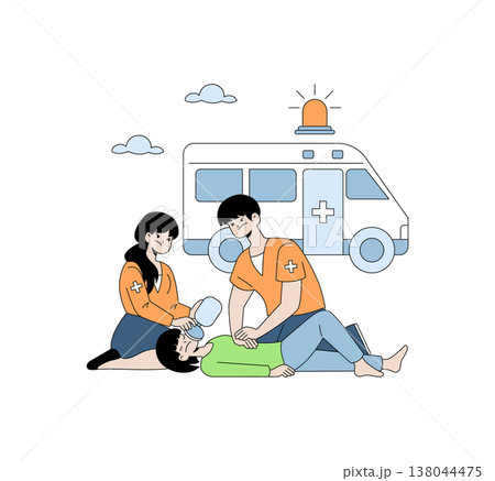Vector illustration of paramedics performing CPR and ventilation on an unconscious person with an ambulance in the background. The scene highlights teamwork and emergency medical response. 138044475