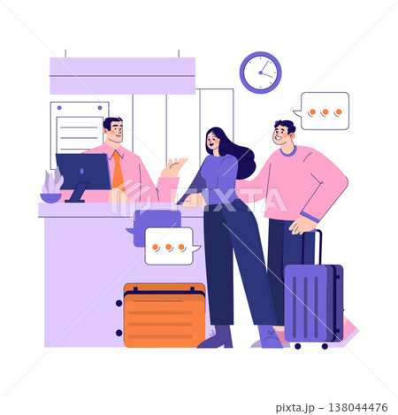Vector illustration of three people at a hotel check-in desk. The receptionist behind the counter converses with a smiling couple with suitcases, showing an engaging interaction. 138044476