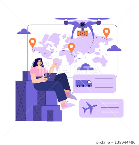Woman using laptop to coordinate global shipping showcased by a drone delivering a package over a world map. The vector illustration emphasizes logistics innovation. 138044480