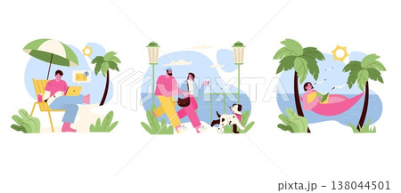 Vector illustration set featuring leisure activities in a tropical setting. Includes relaxing on a hammock with a book, using a tablet under a beach umbrella, and walking a dog by the sea. 138044501