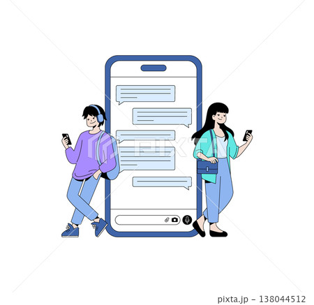 Vector illustration depicting two people leaning on a large smartphone exchanging messages. They appear engaged with their devices, illustrating modern communication and connectivity. 138044512