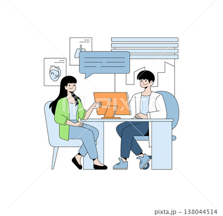 Vector illustration of a doctor and patient engaged in conversation at a medical consultation. The image reflects an informative discussion in a healthcare setting with displayed anatomy posters. 138044514