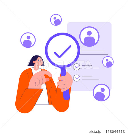 Vector illustration showing a woman analyzing multiple candidate profiles using a magnifying glass. The image highlights a digital HR recruitment process, focusing on profile selection. 138044518