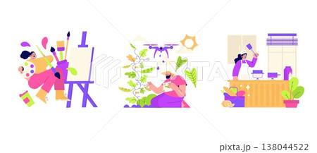 Vector illustration showing three creative activities. A person paints with enthusiasm, another tends to plants with a drone, and a third cooks with joy in a kitchen setting. Vector illustration showing three creative activities. A person paints with enthusiasm, another tends to plants with a drone, and a third cooks with joy in a kitchen setting. 138044522