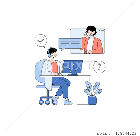 Vector illustration of a customer support agent using a headset, engaged in an online conversation via desktop computer. The illustration conveys a friendly and professional atmosphere. Vector illustration of a customer support agent using a headset, engaged in an online conversation via desktop computer. The illustration conveys a friendly and professional atmosphere. 138044523