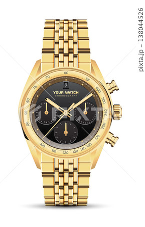 Realistic watch clock chronograph gold black dashboard design luxury fashion object for men on white background vector Realistic watch clock chronograph gold black dashboard design luxury fashion object for men on white background vector 138044526