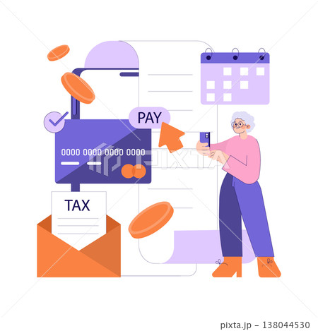 Vector illustration depicting a person using a smartphone to pay taxes online. Features digital payment, a calendar, and coins representing financial transactions in a modern context. 138044530