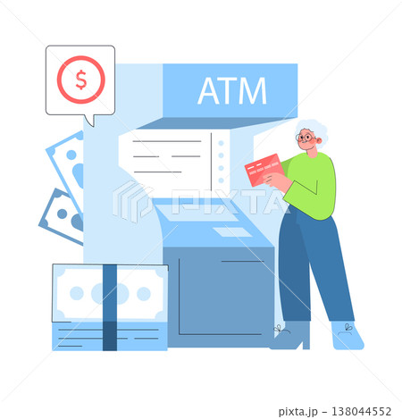 Elderly woman using an ATM to withdraw cash. The vector illustration depicts her holding a card while money is being dispensed. Suitable for financial and banking concepts. 138044552