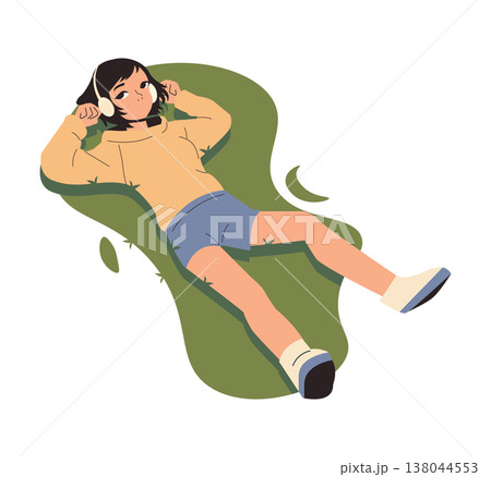 Vector illustration of a girl lying on grass, listening to music with headphones, wearing a hoodie and shorts. She appears relaxed, enjoying a peaceful moment outdoors. Vector illustration of a girl lying on grass, listening to music with headphones, wearing a hoodie and shorts. She appears relaxed, enjoying a peaceful moment outdoors. 138044553