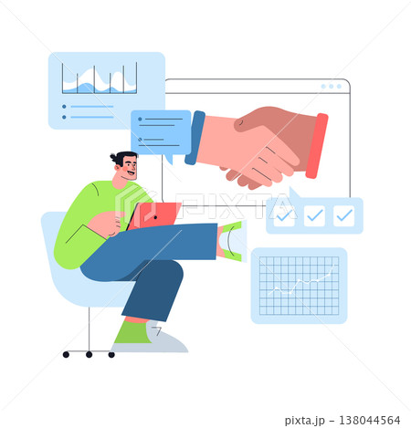 Business collaboration vector illustrating a handshake between two hands amidst digital charts and checkboxes. Includes a person with a laptop smiling, symbolizing success. Business collaboration vector illustrating a handshake between two hands amidst digital charts and checkboxes. Includes a person with a laptop smiling, symbolizing success. 138044564