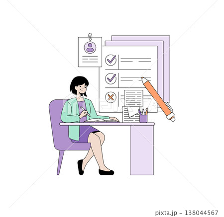 Vector illustration of a businesswoman sitting at a desk, analyzing and reviewing documents with check marks. Ideal for themes related to business processes, evaluation, and office work. Vector illustration of a businesswoman sitting at a desk, analyzing and reviewing documents with check marks. Ideal for themes related to business processes, evaluation, and office work. 138044567