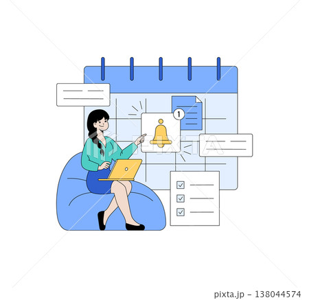 Vector illustration of a woman sitting with a laptop, focusing on a calendar and notifications. She is managing her schedule, highlighting efficiency and organization. 138044574