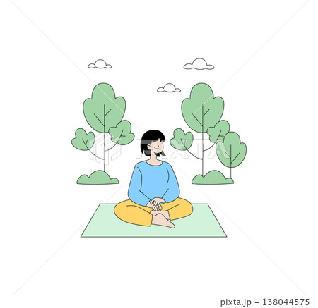 Vector illustration of a woman meditating on a mat in a peaceful outdoor setting surrounded by trees and clouds. The expression is calm, reflecting relaxation and mindfulness. Vector illustration of a woman meditating on a mat in a peaceful outdoor setting surrounded by trees and clouds. The expression is calm, reflecting relaxation and mindfulness. 138044575