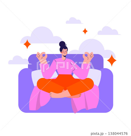 Vector illustration of a woman meditating on a couch with a relaxed expression. She sits cross-legged, surrounded by clouds, embodying calmness and mindfulness in a serene setting. 138044576