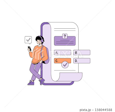 Vector illustration featuring a person leaning against a large paper, completing a multiple choice quiz on a smartphone. The individual appears focused and satisfied with their choice. 138044588