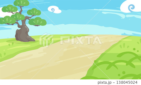 和風な草原と道に松の木が生えている背景イラスト_16:9 138045024