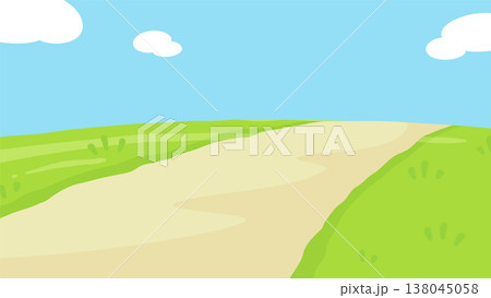 ゆるい雰囲気の草原と道の背景イラスト_16:9 ゆるい雰囲気の草原と道の背景イラスト_16:9 138045058