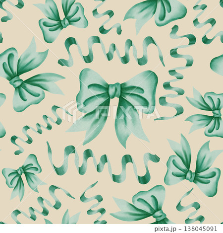 Elegant watercolor seamless patterns with hand-painted green ribbons and bows. Ideal for Easter, birthdays, gift wrapping, scrapbooking, and festive textile designs, children's clothing and textiles. Elegant watercolor seamless patterns with hand-painted green ribbons and bows. Ideal for Easter, birthdays, gift wrapping, scrapbooking, and festive textile designs, children's clothing and textiles. 138045091