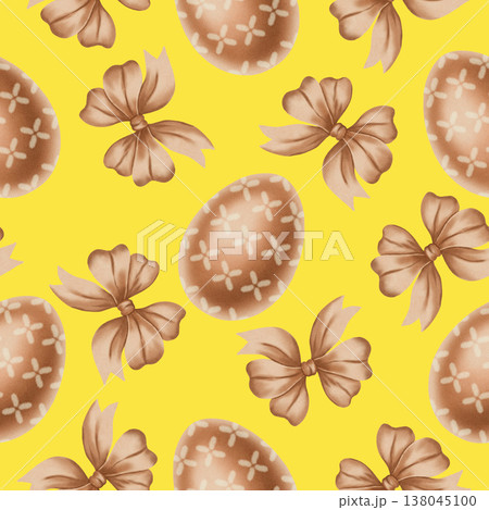 Watercolor seamless pattern with beige Easter eggs featuring floral patterns and matching tan bows. Festive spring background for holiday packaging, textiles, decor, greeting cards, invitations 138045100