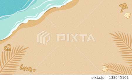 ヤシの葉と貝殻が彩る砂浜と海の背景イラスト 爽やかな夏のフレームデザイン素材 138045101