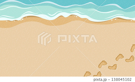 砂浜に続く足跡と波打ち際の背景イラスト 夏の思い出や散歩をイメージした海素材 138045102