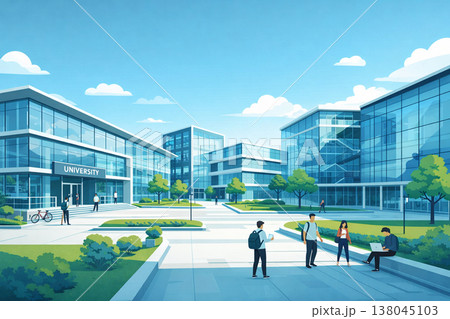 青空の下に広がる近代的な大学キャンパス 138045103