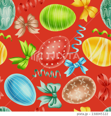 A seamless watercolor pattern with colorful Easter eggs, festive ribbons, and bows. A festive backdrop for spring celebrations, gift wrapping, and textiles. A seamless watercolor pattern with colorful Easter eggs, festive ribbons, and bows. A festive backdrop for spring celebrations, gift wrapping, and textiles. 138045122