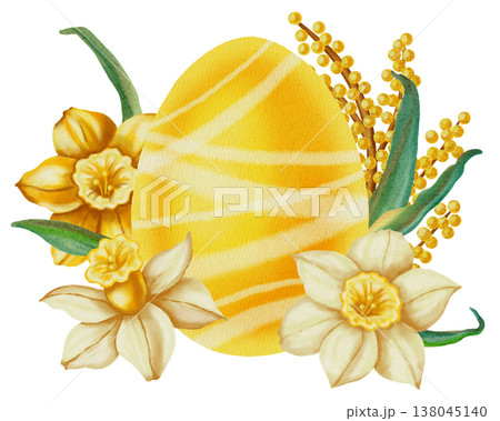 Watercolor illustration of an Easter egg surrounded by spring flowers tulips, daffodils, and mimosa. Happy Easter. Perfect for spring holidays, greeting cards, seasonal decor, packaging, and textiles Watercolor illustration of an Easter egg surrounded by spring flowers tulips, daffodils, and mimosa. Happy Easter. Perfect for spring holidays, greeting cards, seasonal decor, packaging, and textiles 138045140