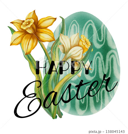 Easter Card. Elegant watercolor illustration of an Easter egg with daffodils and the words - Happy Easter. Perfect for spring holidays, greeting cards and invitations, and seasonal decor. Easter Card. Elegant watercolor illustration of an Easter egg with daffodils and the words - Happy Easter. Perfect for spring holidays, greeting cards and invitations, and seasonal decor. 138045143
