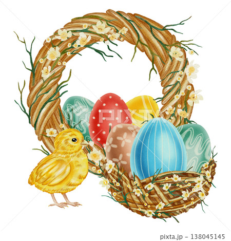 Hand-drawn watercolor Easter scene with a cute yellow chick, colorful eggs in a nest, and a blossoming wreath frame. Perfect for cards, invitations, packaging, and seasonal decor Hand-drawn watercolor Easter scene with a cute yellow chick, colorful eggs in a nest, and a blossoming wreath frame. Perfect for cards, invitations, packaging, and seasonal decor 138045145