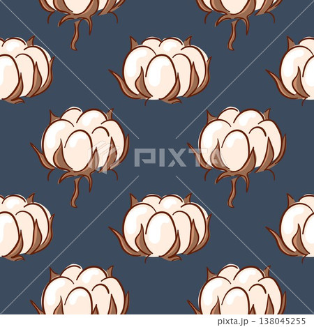 Seamless pattern with flat style cotton plant on dark blue background. Illustration for textile print, organic design, wrapping paper and wallpaper. Seamless pattern with flat style cotton plant on dark blue background. Illustration for textile print, organic design, wrapping paper and wallpaper. 138045255
