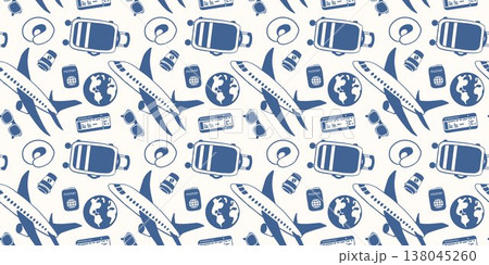 Seamless travel pattern with airplane, passport, globe, boarding pass, luggage and hat in hand drawn style. Ideal for tourism background, wallpaper, wrapping and vacation design. Seamless travel pattern with airplane, passport, globe, boarding pass, luggage and hat in hand drawn style. Ideal for tourism background, wallpaper, wrapping and vacation design. 138045260