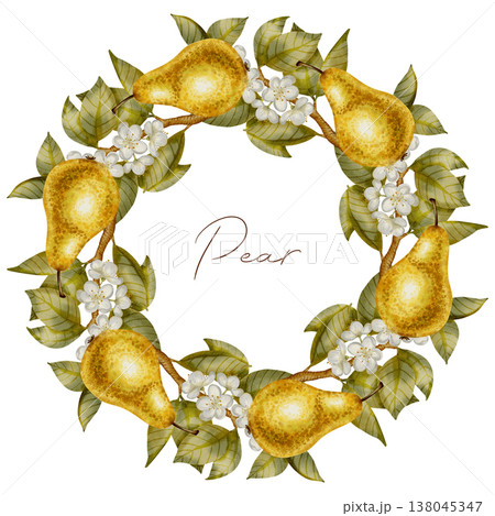 Watercolor botanical wreath featuring ripe pears, white blossoms, and green leaves. Perfect as a frame or logo element for wedding stationery, textile, packaging, and healthy food brands. Watercolor botanical wreath featuring ripe pears, white blossoms, and green leaves. Perfect as a frame or logo element for wedding stationery, textile, packaging, and healthy food brands. 138045347