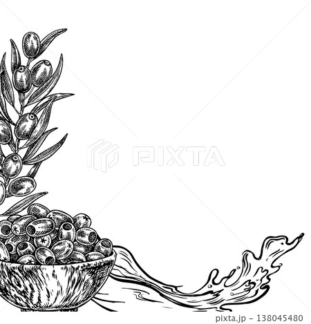 Olive frame. Black and white vector illustration drawn by hand. A handful of pitted olives in a wooden bowl, an olive branch, and some oil. For creating labels, prints, packaging, posters, and more. 138045480