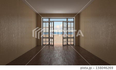 Empty Coastal Room With Open Glass Doors To Beach Empty Coastal Room With Open Glass Doors To Beach 138046269