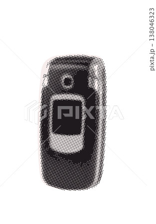 Retro 2000s closed flip phone with screen. Vintage portable cellphone device. Abstract heavy halftone collage pop art vector element for nostalgic tech poster, old generation print or aesthetic zine. 138046323
