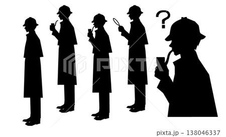 シャーロック・ホームズのような探偵シルエット、思案しているポーズセット、左向き 138046337