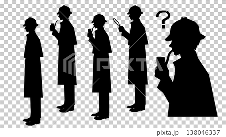 シャーロック・ホームズのような探偵シルエット、思案しているポーズセット、左向き 138046337