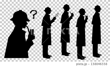 一個酷似夏洛克·福爾摩斯的偵探剪影,擺出沉思的姿勢,面向右側。 一個酷似夏洛克·福爾摩斯的偵探剪影,擺出沉思的姿勢,面向右側。 138046338
