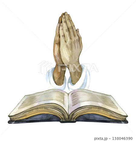 Hand drawn watercolor illustration of praying hands joined in worship above an open holy bible. This spiritual composition is perfect for religious literature, prayer journals, and church 138046390