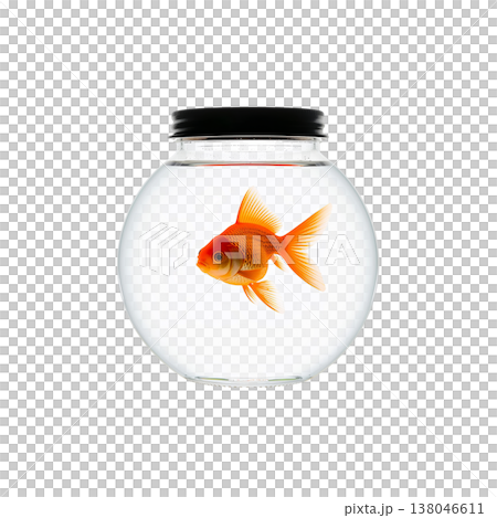 Goldfish Swims in Round Glass Bowl During Bright Indoor Light in a Simple Setting 138046611