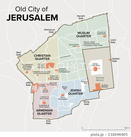 Old City of Jerusalem, political map. Walled area in East Jerusalem, divided into four uneven quarters, the Armenian, Christian, Jewish, and Muslim Quarter, with a fifth area, the Temple Mount. Vector 138046905