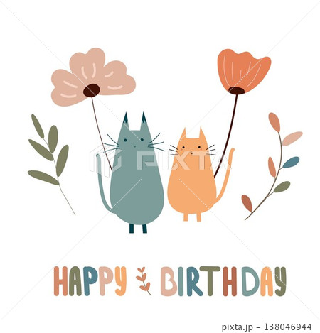 Vector illustration in the form of a greeting card with cute kittens and flowers Vector illustration in the form of a greeting card with cute kittens and flowers 138046944