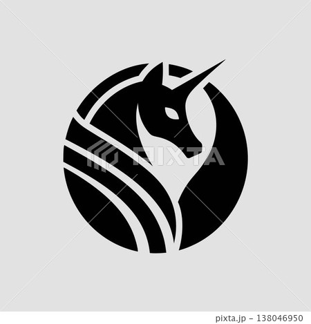 Mystical unicorn icon, strong horse profile with horn in a round black shape. Abstract mythical creature logo for elegance or fantasy. 138046950