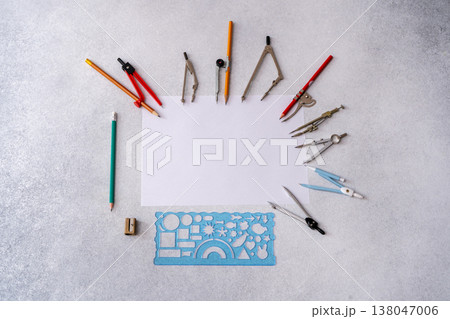 Drawing Tools Supplies arranged around Paper copy space. School table top view 138047006