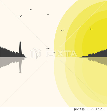 Sunset or sunrise on the beach. Silhouette of lighthouse and tree near the sea. Romantic vector illustration 138047342