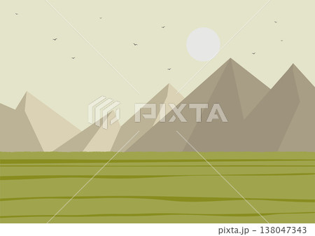 Landscape of green hills and mountains. Vector illustration of sunset or sunrise in beautiful mountains 138047343
