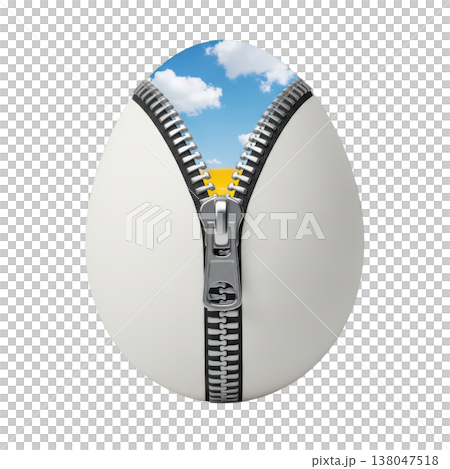 Surreal white egg with metallic zipper opening to reveal a blue sky with clouds 138047518