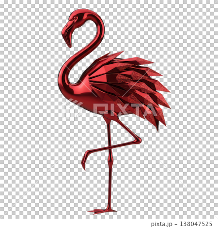 Metallic red flamingo statue with crystal geometric wings 138047525